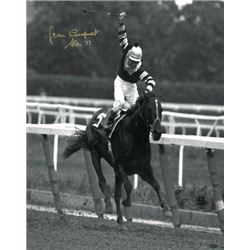 Jean Cruguet Signed Belmont Stakes Horse Racing 16X20 B&W Photo W/ Slew 77 (Arm Up Vertical)