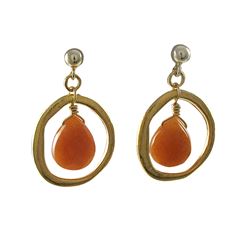 Orange Semi Precious Stone In Gold Tone Brass Ring Sterling Silver Post Earrings- 1.14