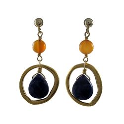 Lapis Semi Precious Stone In Gold Tone Brass Ring Sterling Silver Post Earrings -1.5