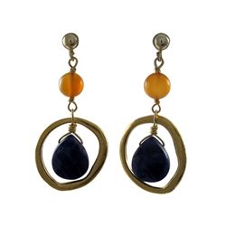 Lapis Semi Precious Stone In Gold Tone Brass Ring Sterling Silver Post Earrings -1.5