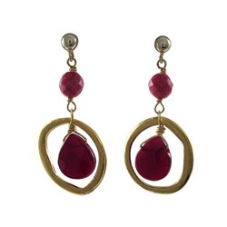 Garnet Semi Precious Stone In Gold Tone Brass Ring Sterling Silver Post Earrings -1.5