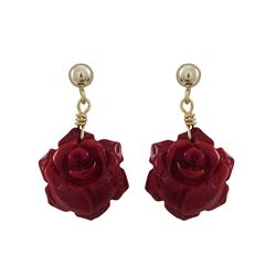 Red Rose On Gold Tone Sterling Silver Ball Post Earrings