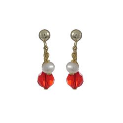 6Mm Red Preciosa Bead And 4Mm Freshwater Pearl On Gold Tone Sterling Silver Ball Post Earrings -0.80