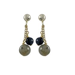 6Mm Labradorite(Grey) And 4Mm Lapis Semi Precious Ball On Gold Tone Sterling Silver Ball Post Earrin