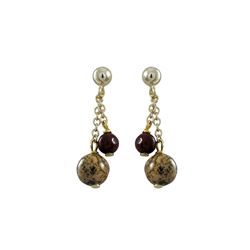 6Mm Natural And 4Mm Poppy Jasper Semi Precious Ball On Gold Tone Sterling Silver Ball Post Earrings 