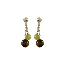 6Mm Tiger Eye And 4Mm Olive Jade Semi Precious Ball On Gold Tone Sterling Silver Ball Post Earrings 