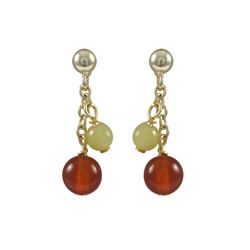 6Mm Carnelian And 4Mm Olive Jade Semi Precious Balls, On Gold Plated Sterling Silver Ball Post Earri