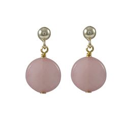 Rose Quartz Semi Precious 10Mm Round Flat Stone On Gold Plated Sterling Silver Post Earrings, 0.75