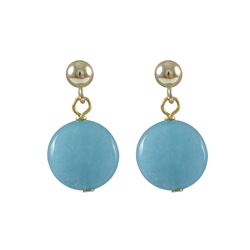 Blue Jade Semi Precious 10Mm Round Flat Stone On Gold Plated Sterling Silver Post Earrings, 0.75"