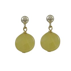 Yellow Jade Semi Precious 10Mm Round Flat Stone On Gold Plated Sterling Silver Post Earrings, 0.75