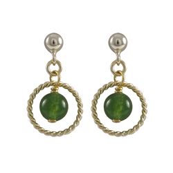 Green Jade 6Mm Semi Precious Ball In 10Mm Braided Ring, On Gold Plated Sterling Silver Ball Post Ear