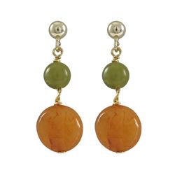 Olive Jade 6Mm Round Ball And Honey 10Mm Round Flat Semi Precious Stones Dangling, On Gold Plated St