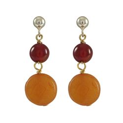 Carnelian 6Mm Round Ball And Honey 10Mm Round Flat Semi Precious Stones Dangling, On Gold Plated Ste