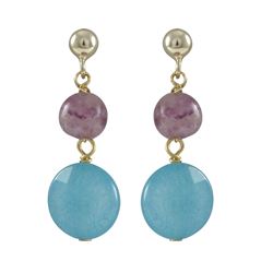 Amy 6Mm Round Ball And Blue Jade 10Mm Round Flat Semi Precious Stones Dangling, On Gold Plated Sterl