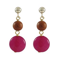 Rhodonite(Pink) 6Mm Round Ball And Fuschia 10Mm Round Flat Semi Precious Stones Dangling, On Gold Pl