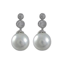 Sterling Silver CZ Dangling 10Mm White Pearl Post Earrings- 0.83