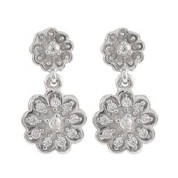 Rhodium Plated Sterling Silver Post Earrings, Double Flower With White Czs, 0.63