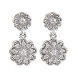 Rhodium Plated Sterling Silver Post Earrings, Double Flower With White Czs, 0.63