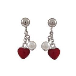 Red Enamel Heart, 4Mm White Pearl, Sterling Silver Post Earrings