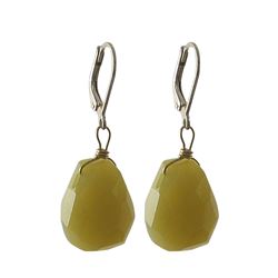 Olive Jade Semi Precious Stone On Gold Tone Sterling Silver Lever Back Earrings -1.54"