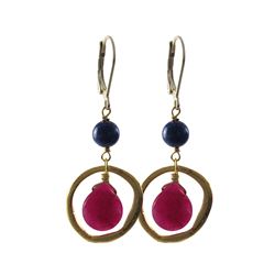 Ruby Semi Precious Stone In Gold Tone Brass Ring Sterling Silver Lever Back Earrings- 1.88