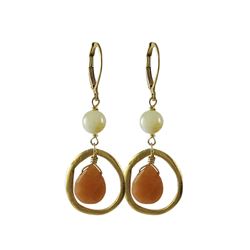 Orange Semi Precious Stone In Gold Tone Brass Ring Sterling Silver Lever Back Earrings- 1.88