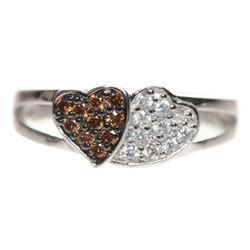 Sterling Silver Double Heart Ring, Black Heart With Champagne CZ -Silver Heart With White CZ