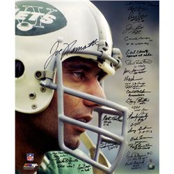 1969 New York Jets Team Signed Joe Namath Close Up Wearing Helmet 20X24 Metallic Photo (24 Signature