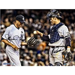 Jorge Posada And Mariano Rivera Dual Signed Jorge Giving Baseball To Mariano 16X20 Metallic Photo (S