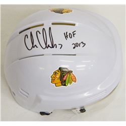 Chris Chelios Signed Blackhawks White Hockey Mini Helmet W/HOF 2013