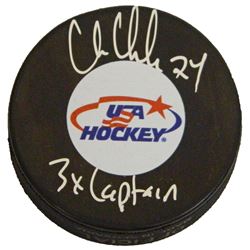 Chris Chelios Signed Team USA Hockey Logo Hockey Puck W/3X Captain