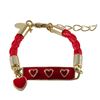 Image 1 : Red Enamel Bar With Red Hearts, Red Cord Gold Plated Brass Bracelet, 4" 1"