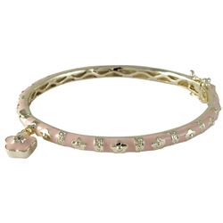 Pink Enamel Flowers With Flower Charm Gold Tone Brass Bangle