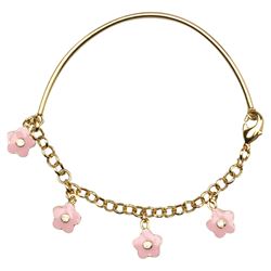 Pink Enamel Flowers Gold Tone Brass Bangle Bracelet