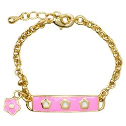 Hot Pink Enamel Bar With White Flowers Gold Brass Chain Bracelet