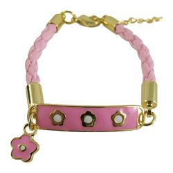 Hot Pink Enamel Bar With White Flowers Pink Cord Bracelet Brass