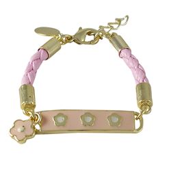 Lt. Pink Enamel Bar With White Flowers Pink Cord Bracelet Brass