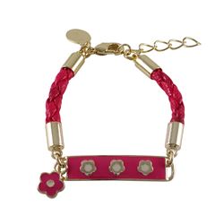 Fuschia Enamel Bar With White Flowers Fuschia Cord Bracelet Brass, 4