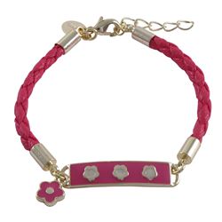 Fuschia Enamel Bar With White Flowers Fuschia Cord Bracelet Brass, 6" 1"