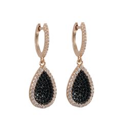 Rose And Black Plated Sterling Silver, White And Black CZ, 11X16mm Teardrop, Lever Back Earrings Dim