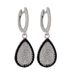 Rhodium Plated Sterling Silver, Black And White CZ Teardrop, Lever Back Earrings, 1.22