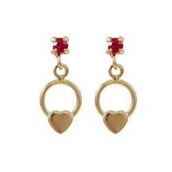 Gold Filled Open Circle Heart Post Earrings With Pink Crystal, 0.59"