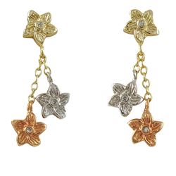 Tri Color Flowers, Gold Tone Brass Post Earrings