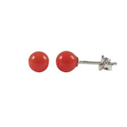 Coral 5Mm Ball On Rhodium Plated Sterling Silver Post Stud Earrings