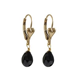 Gold Filled Heart Lever Back Earrings With Hanging Black 6X9mm CZ Teardrop, 1.14"