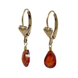 Gold Filled Heart Lever Back Earrings With Hanging Garnet 6X9mm CZ Teardrop, 1.14"