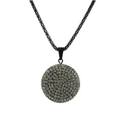 Grey Clay Flat 25Mm Circle Pendant Covered With Grey Crystals On Black Steel Chain 16