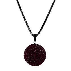 Black Clay Flat 25Mm Circle Pendant Covered With Garnet Crystals On Black Steel Chain 16