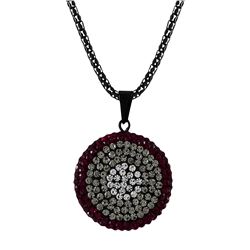 Black Clay Flat 25Mm Circle Pendant Covered With Garnet, Grey And White Crystals On Black Steel Chai