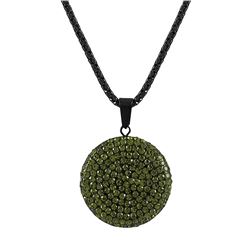 Black Clay Flat 25Mm Circle Pendant Covered With Olive Crystals On Black Steel Chain 16